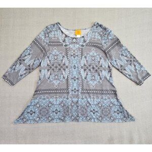 Ruby Rd. Women's Large Blue Gray Embellished Kaleidoscope Paisley Printed Top LN